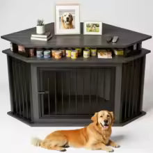 51" Corner Wooden Dog Crate Furniture with 2-Tier Shelves, Pet Kennel for Large Dogs, Space-Saving Dog Cage for TV Stand
