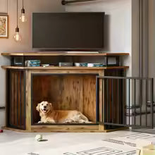51" Corner Wooden Dog Crate Furniture with 2-Tier Shelves, Pet Kennel for Large Dogs, Space-Saving Dog Cage for TV Stand