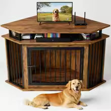 51" Corner Wooden Dog Crate Furniture with 2-Tier Shelves, Pet Kennel for Large Dogs, Space-Saving Dog Cage for TV Stand