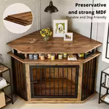 51" Corner Wooden Dog Crate Furniture with 2-Tier Shelves, Pet Kennel for Large Dogs, Space-Saving Dog Cage for TV Stand