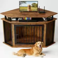 51" Corner Wooden Dog Crate Furniture with 2-Tier Shelves, Pet Kennel for Large Dogs, Space-Saving Dog Cage for TV Stand