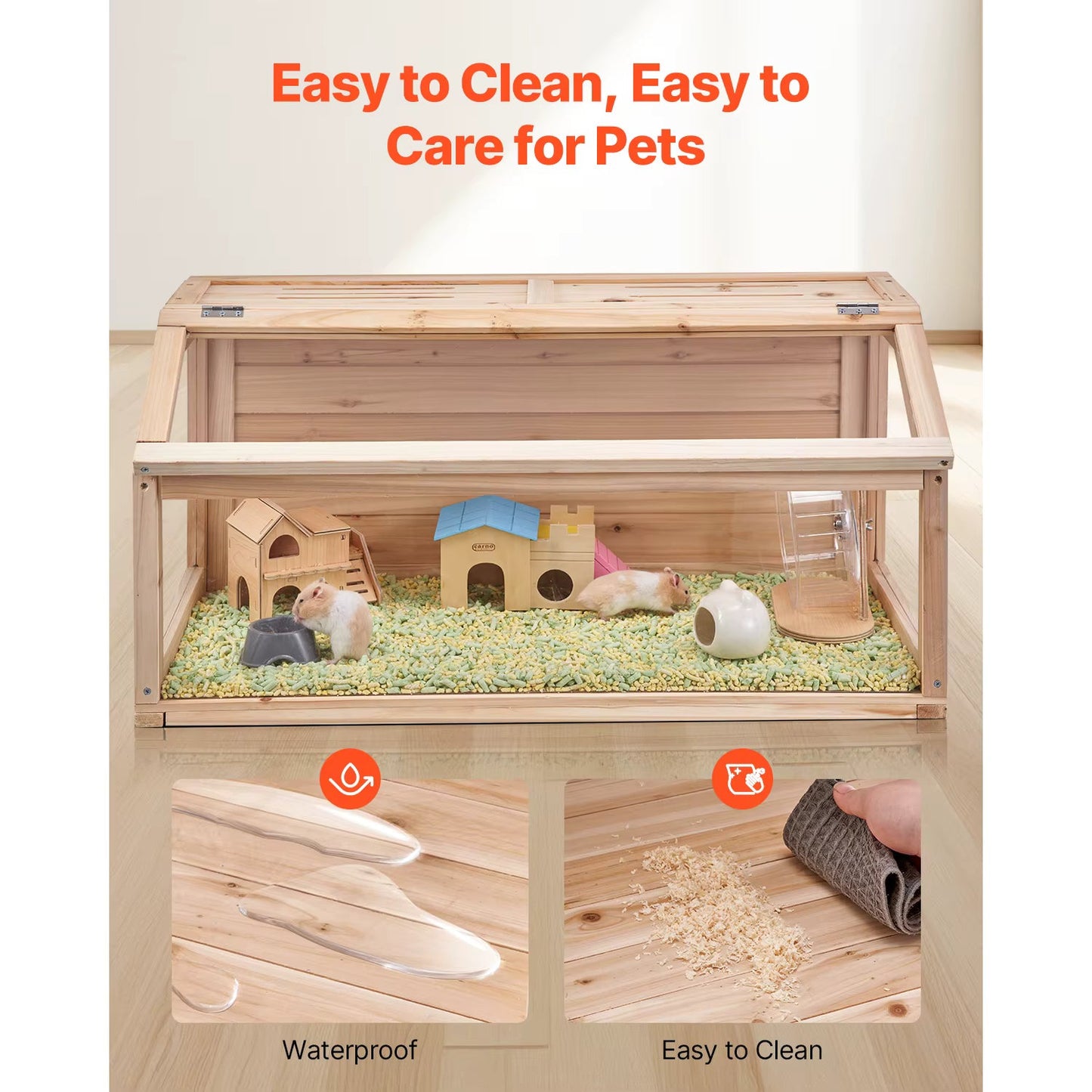 SucceBuy Wooden Hamster Cage 270° Viewing Hamster Habitat Hamster Cage with Openable Top Ventilated Animal Cage for Gerbils Mice