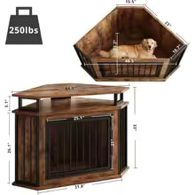 51" Corner Wooden Dog Crate Furniture with 2-Tier Shelves, Pet Kennel for Large Dogs, Space-Saving Dog Cage for TV Stand